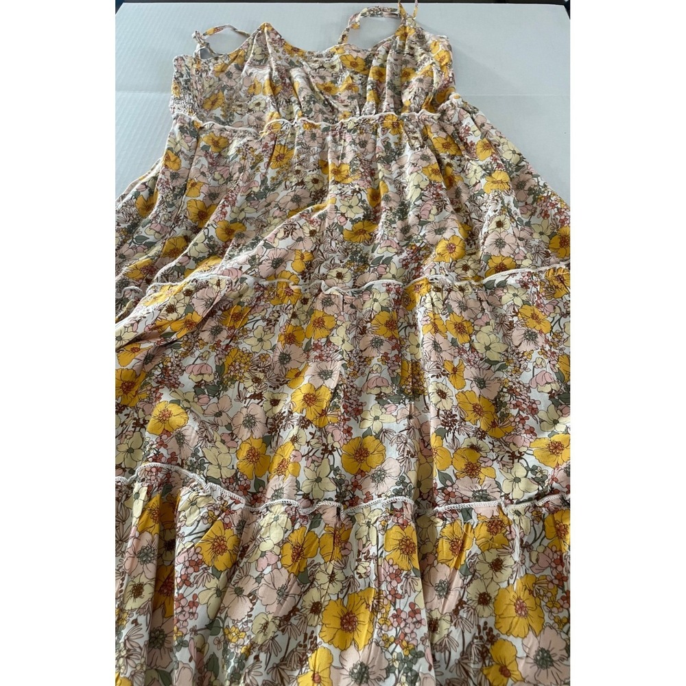 As U Wish Floral Midi Dress XL Yellow Pink Tiered Smocked Back Sundress - Picture 7 of 7